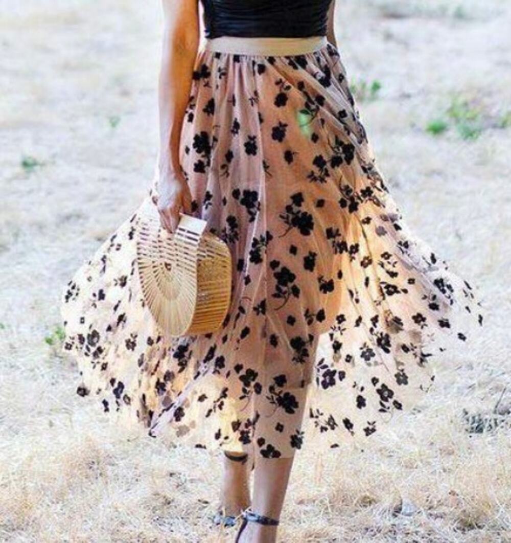 Floral Print Double Layered Tulle Midi Skirt Tan L Fairy Grunge Forest Fairy